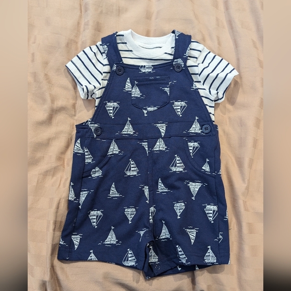 Blue and white overalls and shirt set, 9 months - Picture 1 of 6